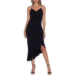 XSCAPE Dress Size 2 Black Embellished Straps Ruffle Lined Pleat Zipper Midi NWT
